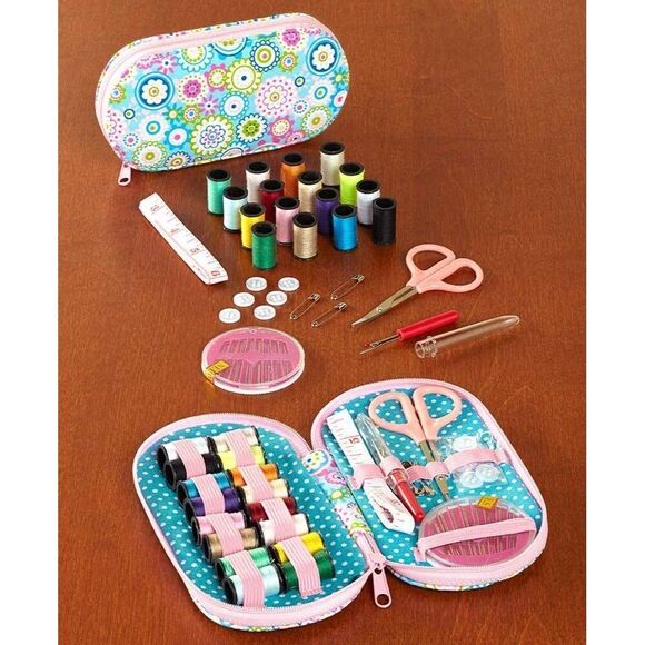 Sewing Kit Floral Medallions Zippered Pouch Thread Shears Buttons Blue Pink Gift - Picture 2 of 3